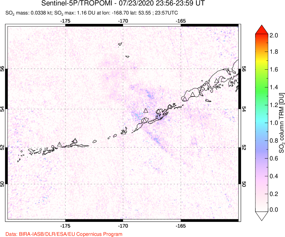 A sulfur dioxide image over Aleutian Islands, Alaska, USA on Jul 23, 2020.