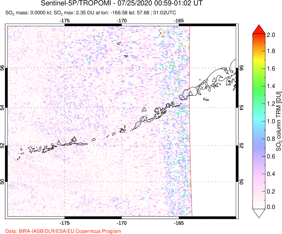 A sulfur dioxide image over Aleutian Islands, Alaska, USA on Jul 25, 2020.