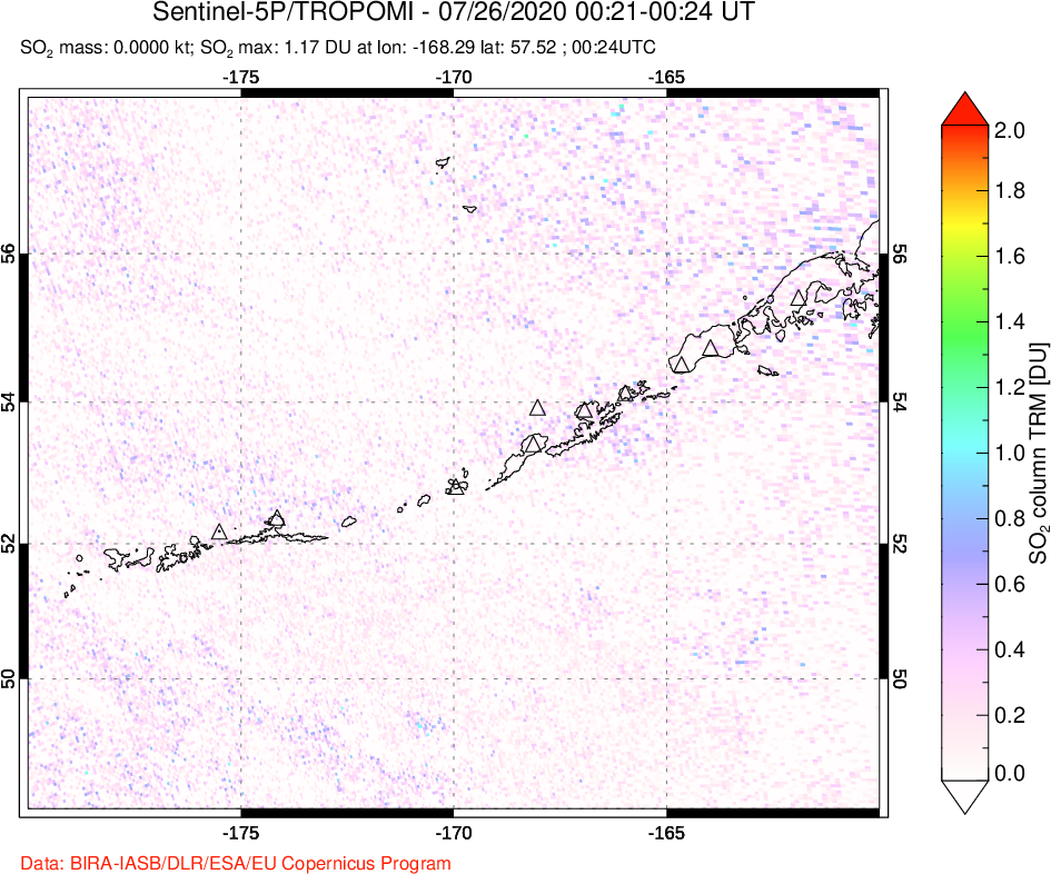 A sulfur dioxide image over Aleutian Islands, Alaska, USA on Jul 26, 2020.