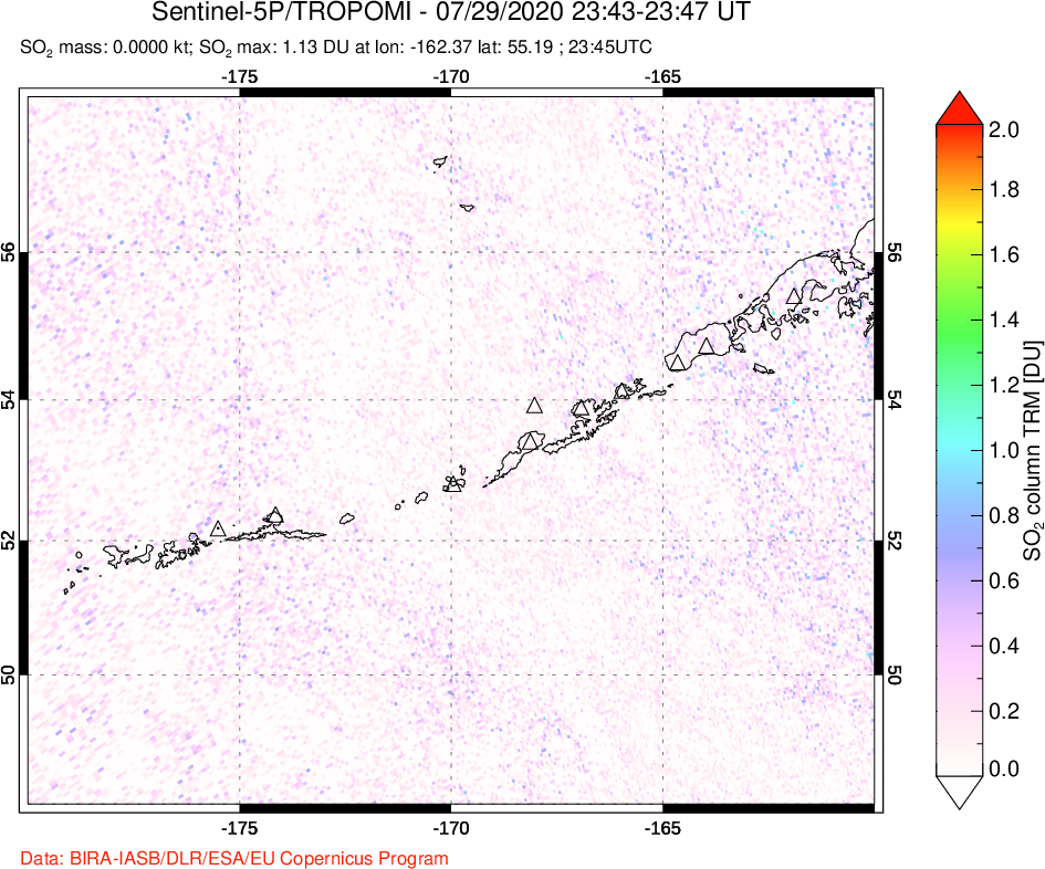 A sulfur dioxide image over Aleutian Islands, Alaska, USA on Jul 29, 2020.
