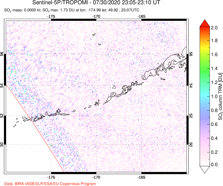 A sulfur dioxide image over Aleutian Islands, Alaska, USA on Jul 30, 2020.