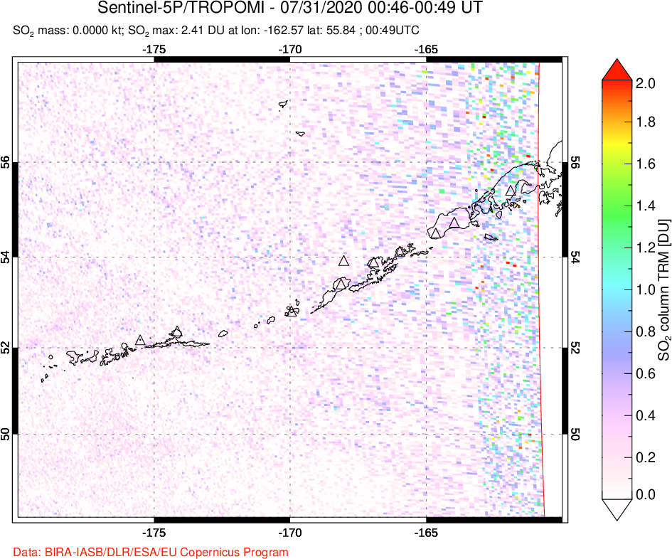 A sulfur dioxide image over Aleutian Islands, Alaska, USA on Jul 31, 2020.