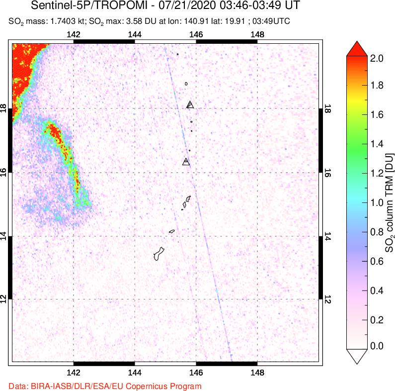 A sulfur dioxide image over Anatahan, Mariana Islands on Jul 21, 2020.