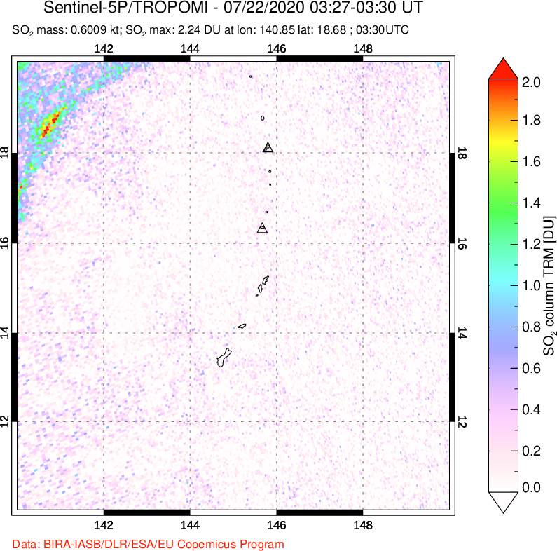A sulfur dioxide image over Anatahan, Mariana Islands on Jul 22, 2020.