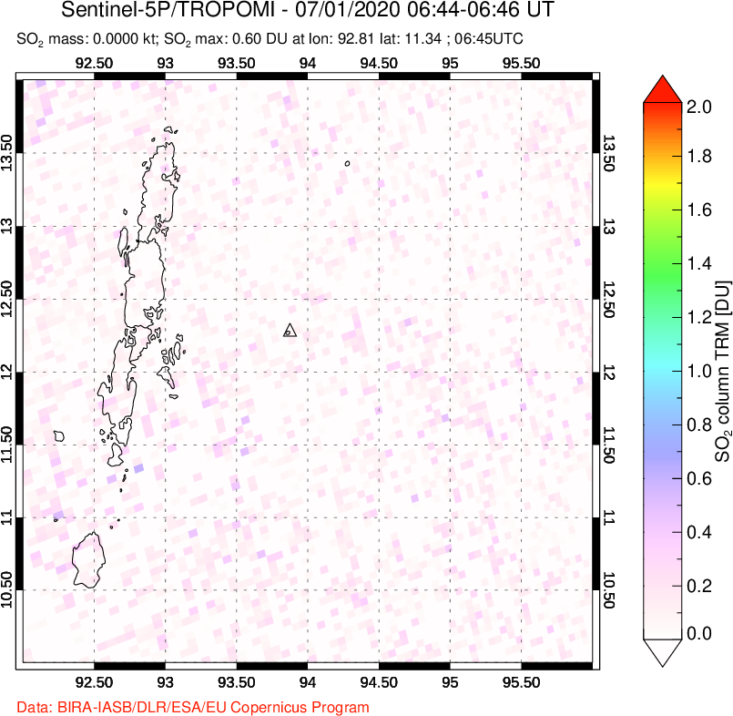 A sulfur dioxide image over Andaman Islands, Indian Ocean on Jul 01, 2020.