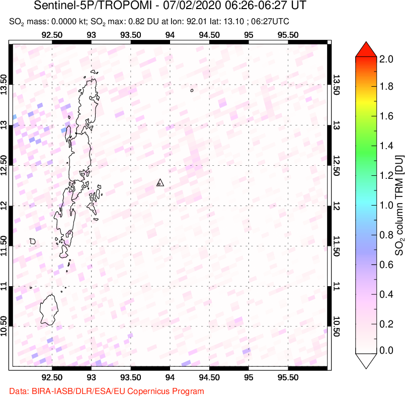 A sulfur dioxide image over Andaman Islands, Indian Ocean on Jul 02, 2020.