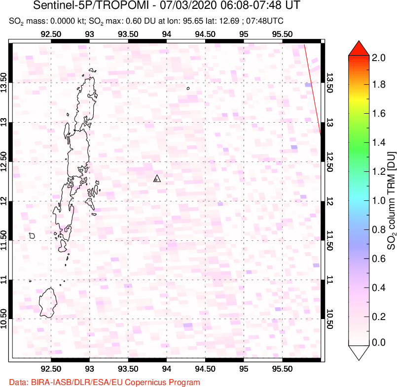 A sulfur dioxide image over Andaman Islands, Indian Ocean on Jul 03, 2020.