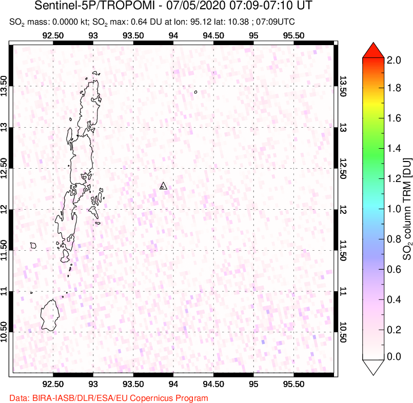 A sulfur dioxide image over Andaman Islands, Indian Ocean on Jul 05, 2020.
