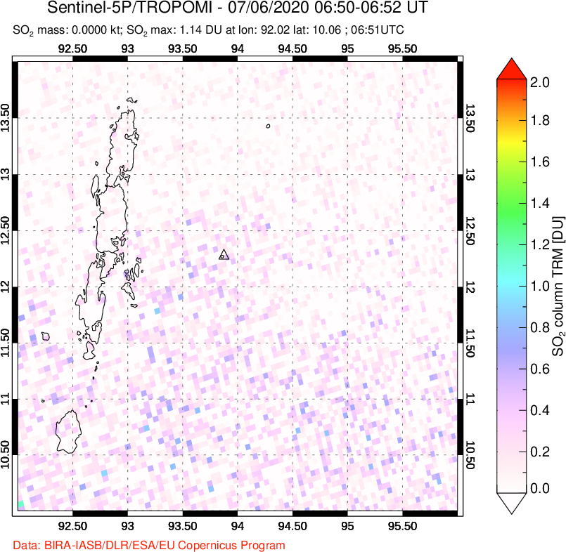 A sulfur dioxide image over Andaman Islands, Indian Ocean on Jul 06, 2020.