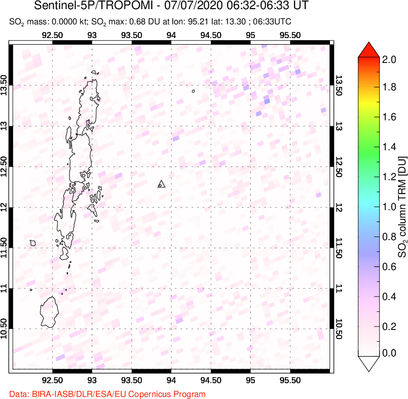 A sulfur dioxide image over Andaman Islands, Indian Ocean on Jul 07, 2020.