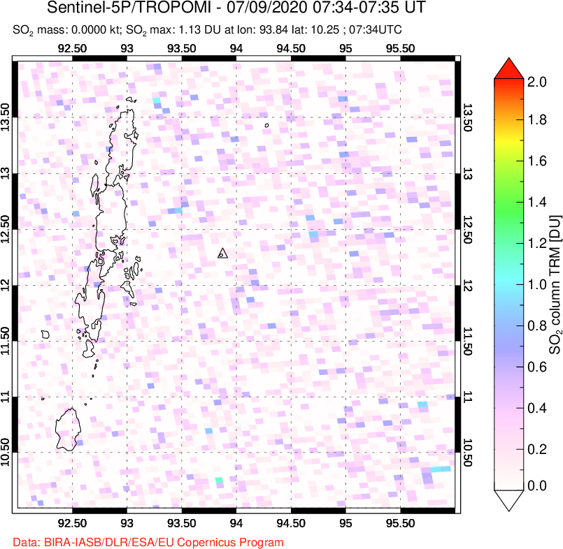 A sulfur dioxide image over Andaman Islands, Indian Ocean on Jul 09, 2020.