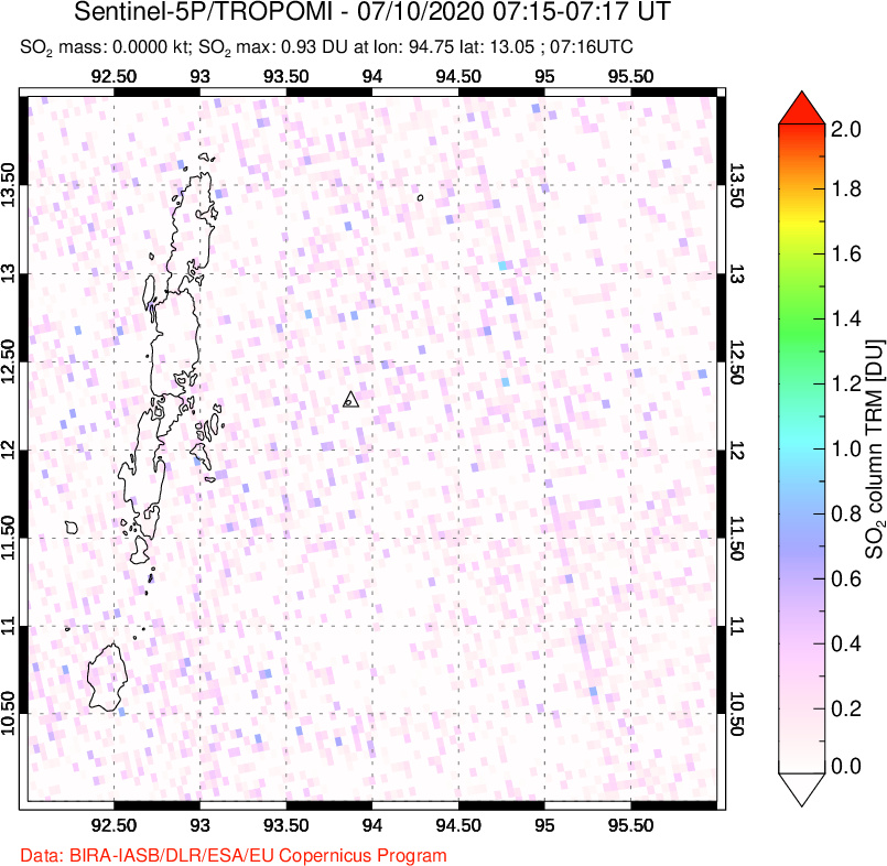 A sulfur dioxide image over Andaman Islands, Indian Ocean on Jul 10, 2020.