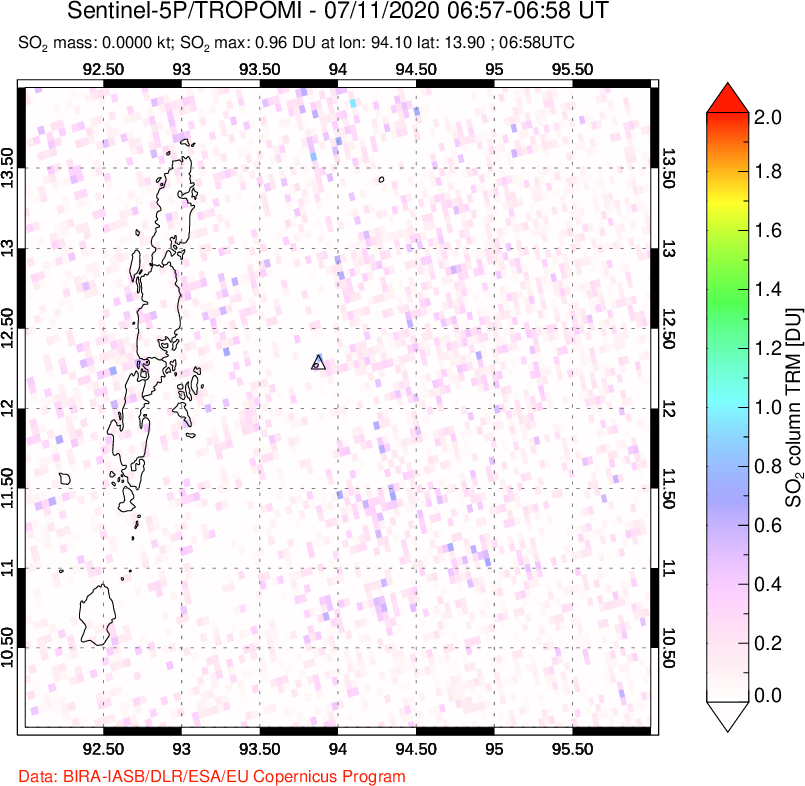 A sulfur dioxide image over Andaman Islands, Indian Ocean on Jul 11, 2020.