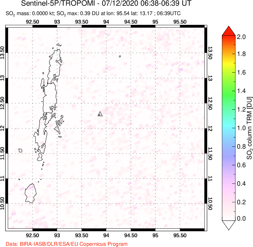 A sulfur dioxide image over Andaman Islands, Indian Ocean on Jul 12, 2020.