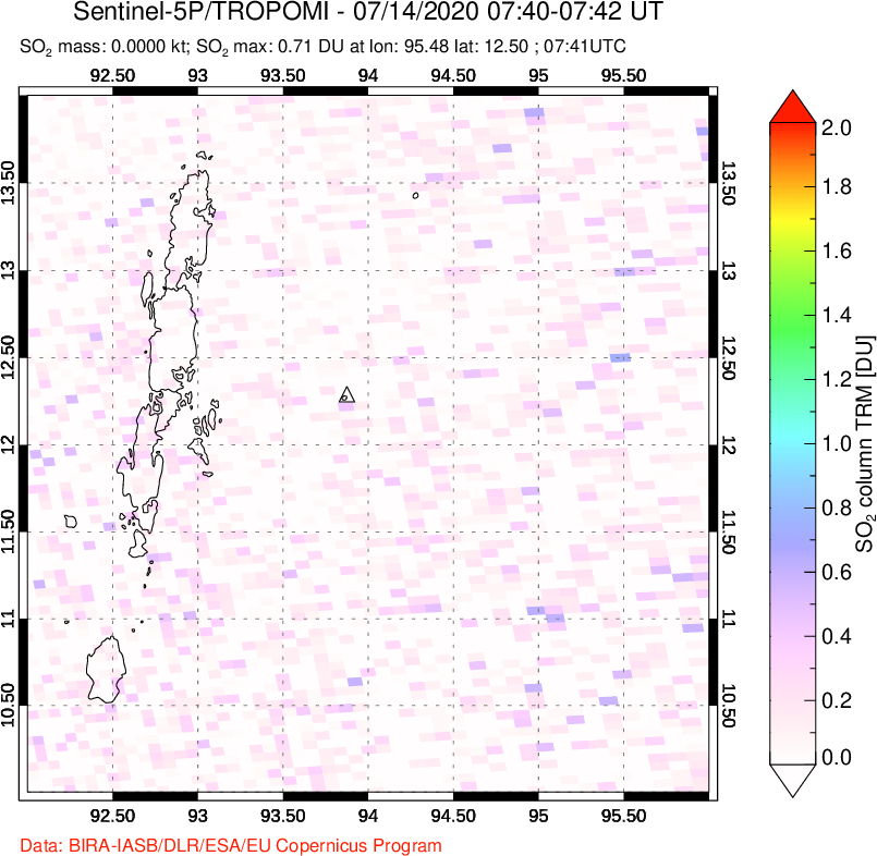 A sulfur dioxide image over Andaman Islands, Indian Ocean on Jul 14, 2020.