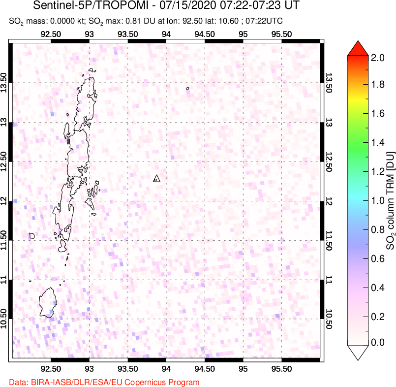 A sulfur dioxide image over Andaman Islands, Indian Ocean on Jul 15, 2020.