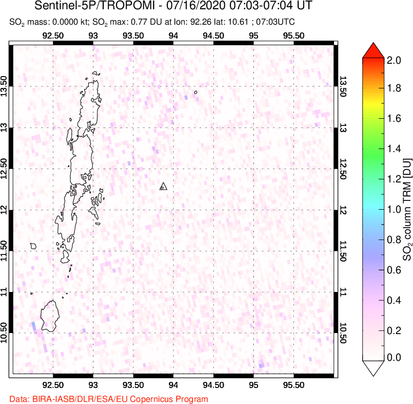 A sulfur dioxide image over Andaman Islands, Indian Ocean on Jul 16, 2020.