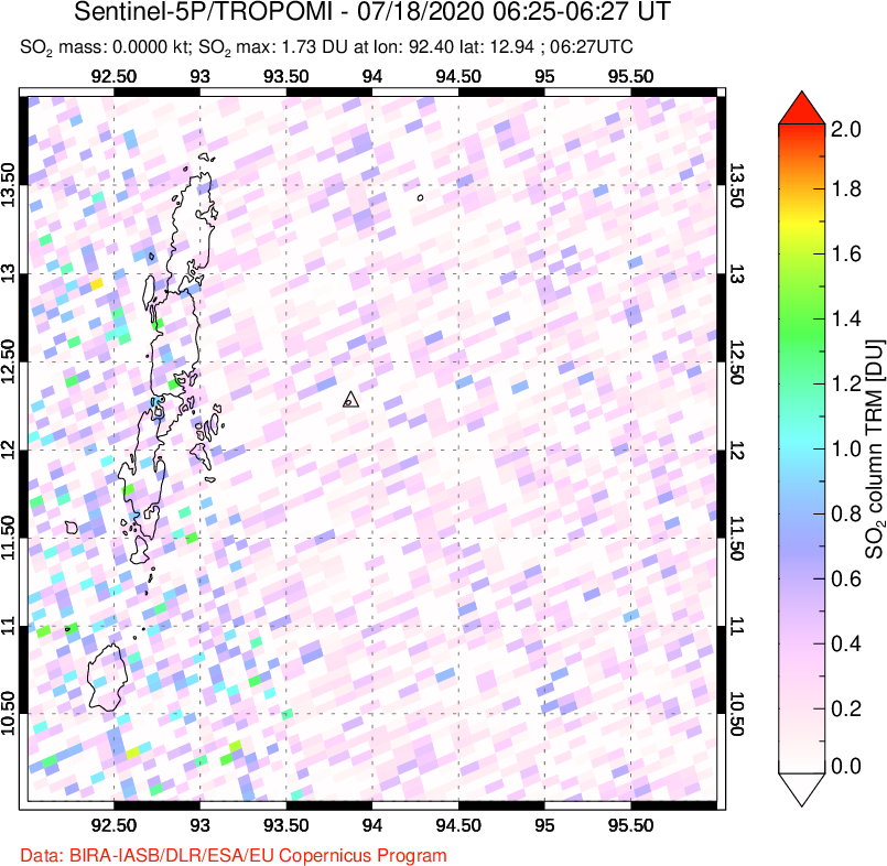A sulfur dioxide image over Andaman Islands, Indian Ocean on Jul 18, 2020.