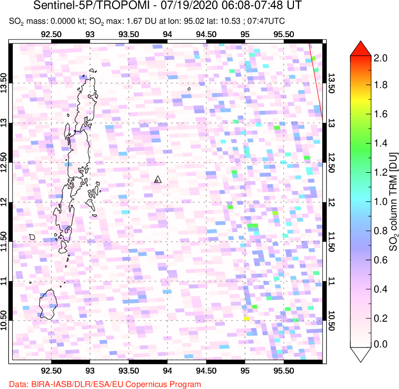 A sulfur dioxide image over Andaman Islands, Indian Ocean on Jul 19, 2020.