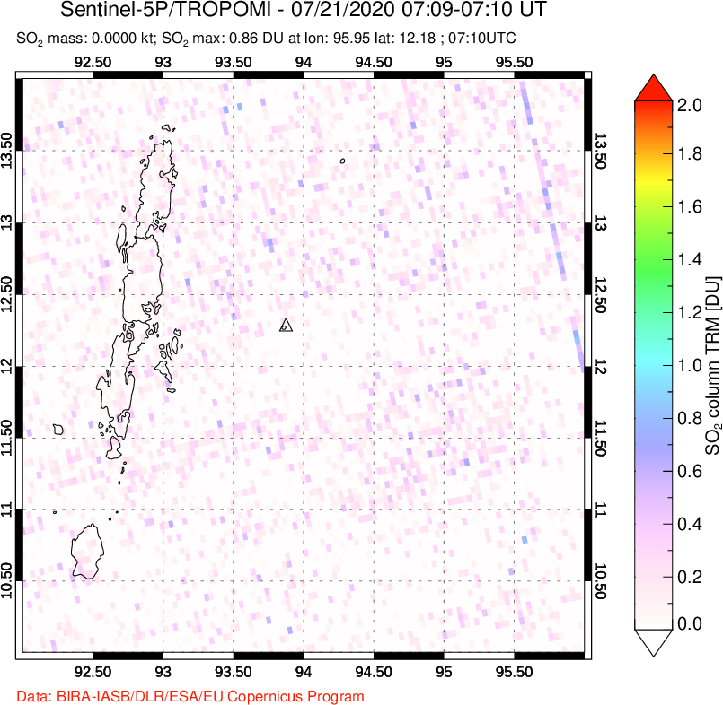 A sulfur dioxide image over Andaman Islands, Indian Ocean on Jul 21, 2020.
