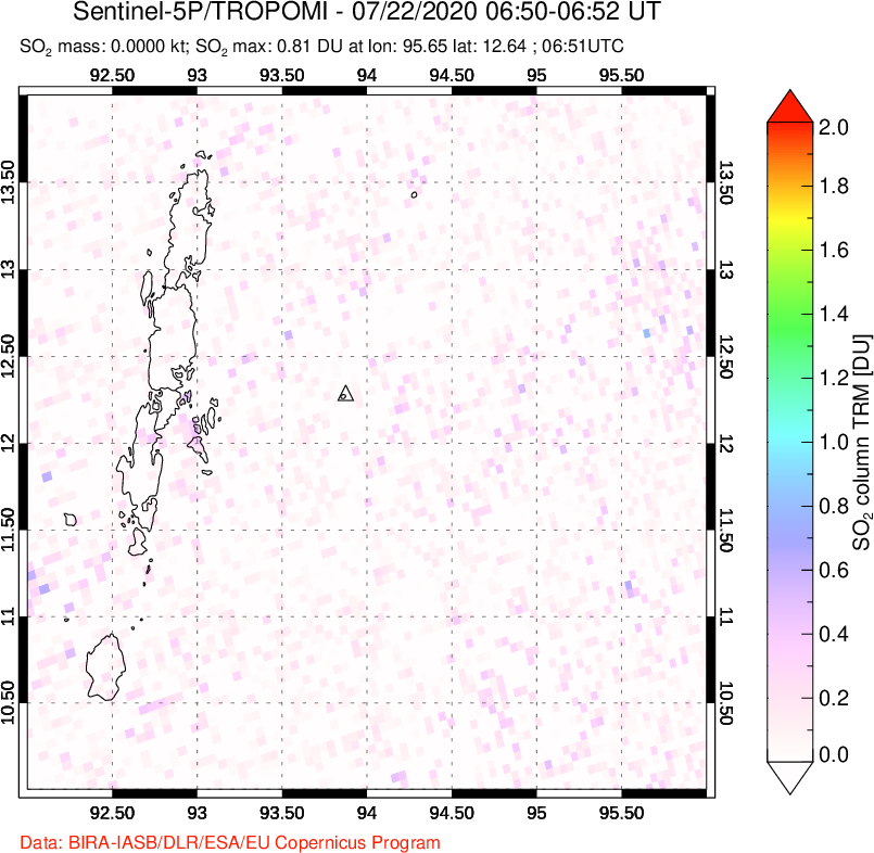 A sulfur dioxide image over Andaman Islands, Indian Ocean on Jul 22, 2020.