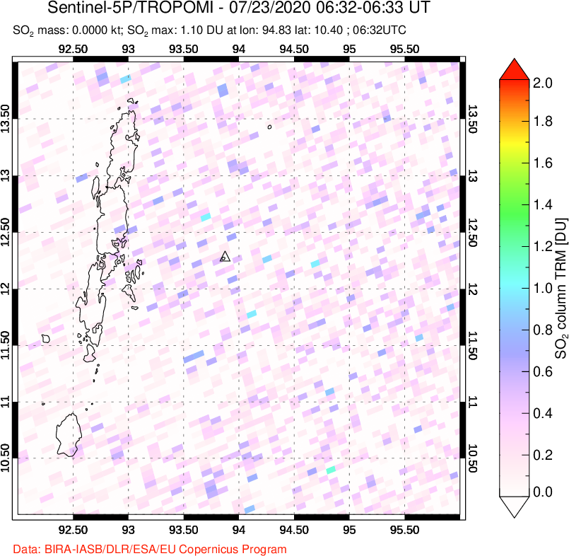 A sulfur dioxide image over Andaman Islands, Indian Ocean on Jul 23, 2020.