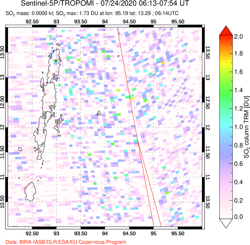 A sulfur dioxide image over Andaman Islands, Indian Ocean on Jul 24, 2020.