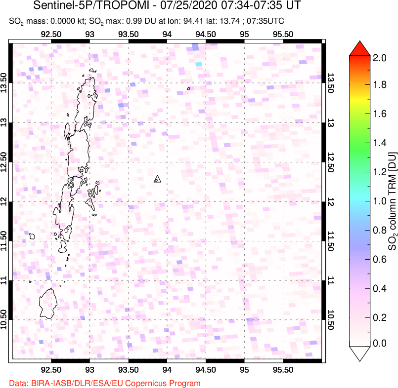 A sulfur dioxide image over Andaman Islands, Indian Ocean on Jul 25, 2020.
