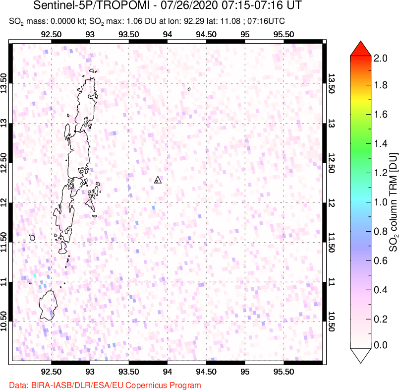 A sulfur dioxide image over Andaman Islands, Indian Ocean on Jul 26, 2020.
