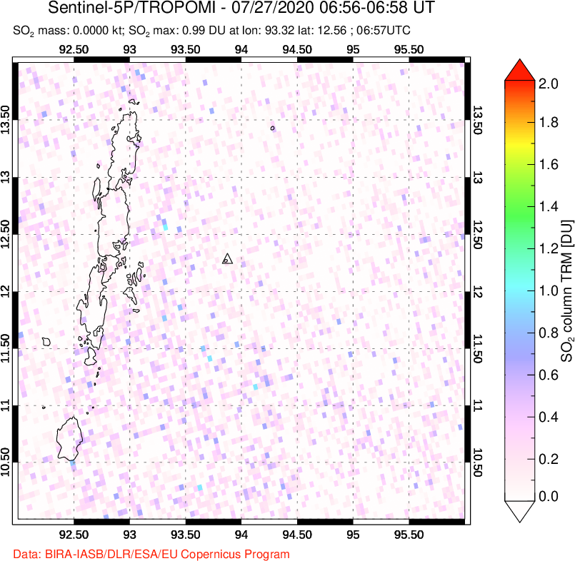 A sulfur dioxide image over Andaman Islands, Indian Ocean on Jul 27, 2020.