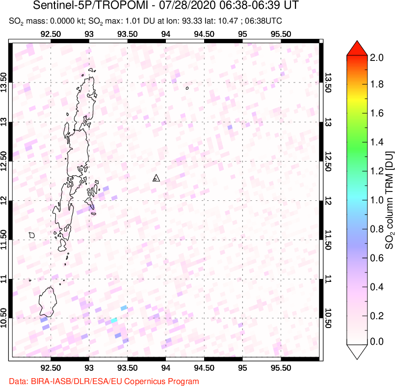 A sulfur dioxide image over Andaman Islands, Indian Ocean on Jul 28, 2020.