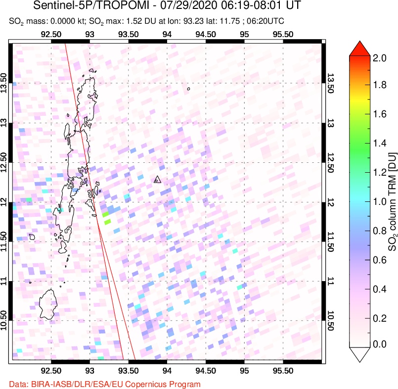 A sulfur dioxide image over Andaman Islands, Indian Ocean on Jul 29, 2020.
