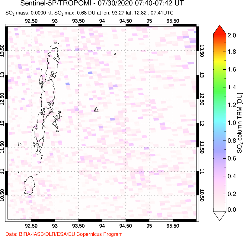 A sulfur dioxide image over Andaman Islands, Indian Ocean on Jul 30, 2020.