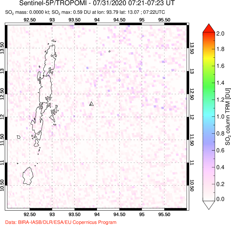 A sulfur dioxide image over Andaman Islands, Indian Ocean on Jul 31, 2020.
