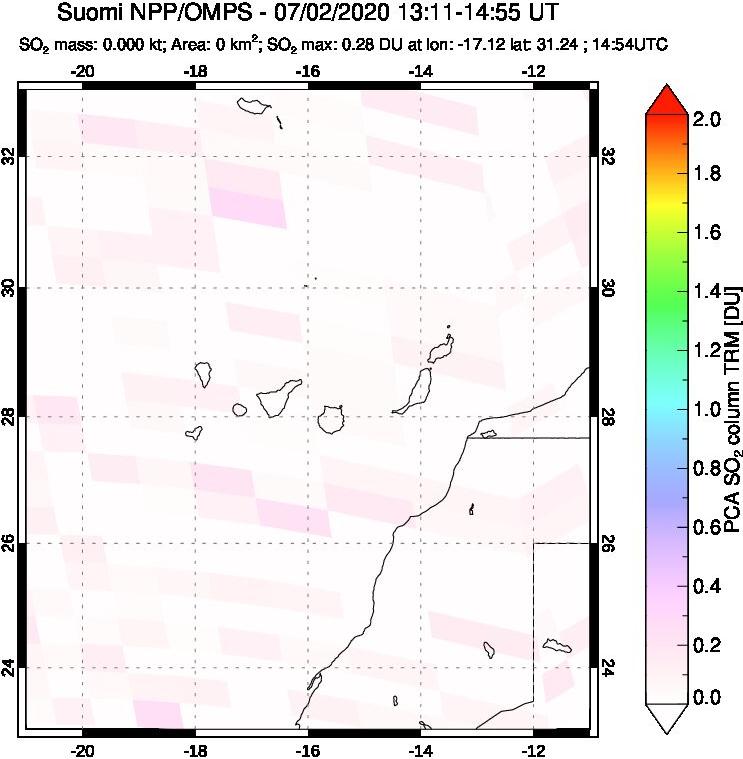A sulfur dioxide image over Canary Islands on Jul 02, 2020.