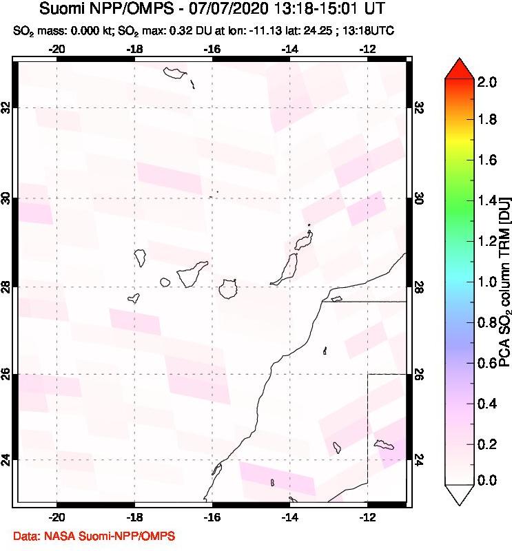 A sulfur dioxide image over Canary Islands on Jul 07, 2020.