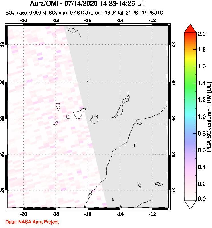 A sulfur dioxide image over Canary Islands on Jul 14, 2020.