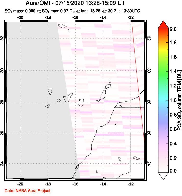 A sulfur dioxide image over Canary Islands on Jul 15, 2020.