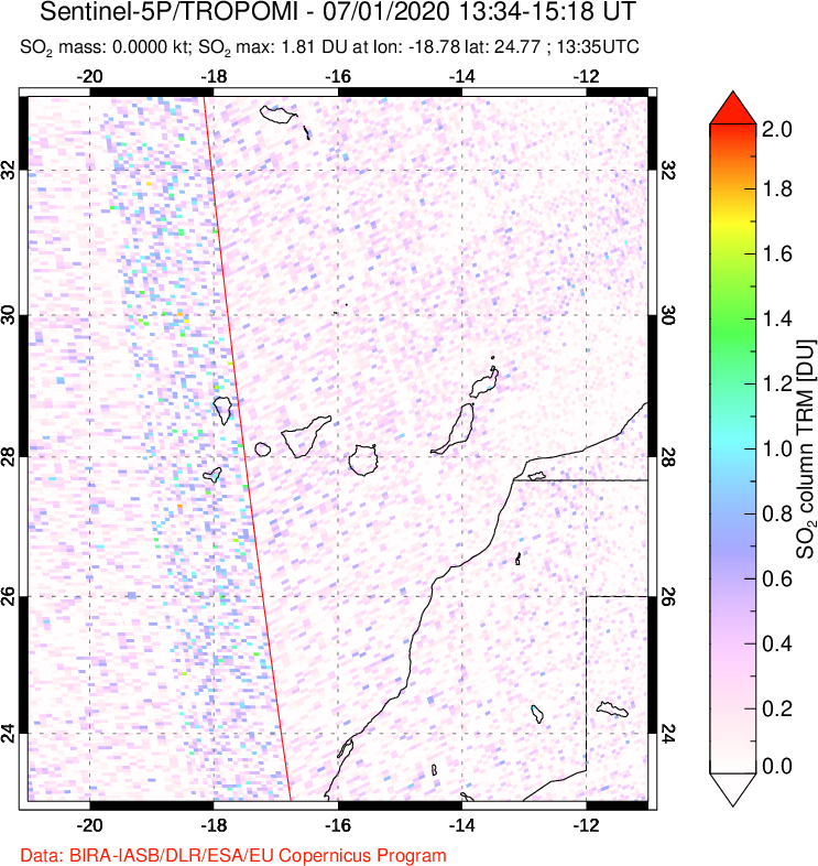 A sulfur dioxide image over Canary Islands on Jul 01, 2020.