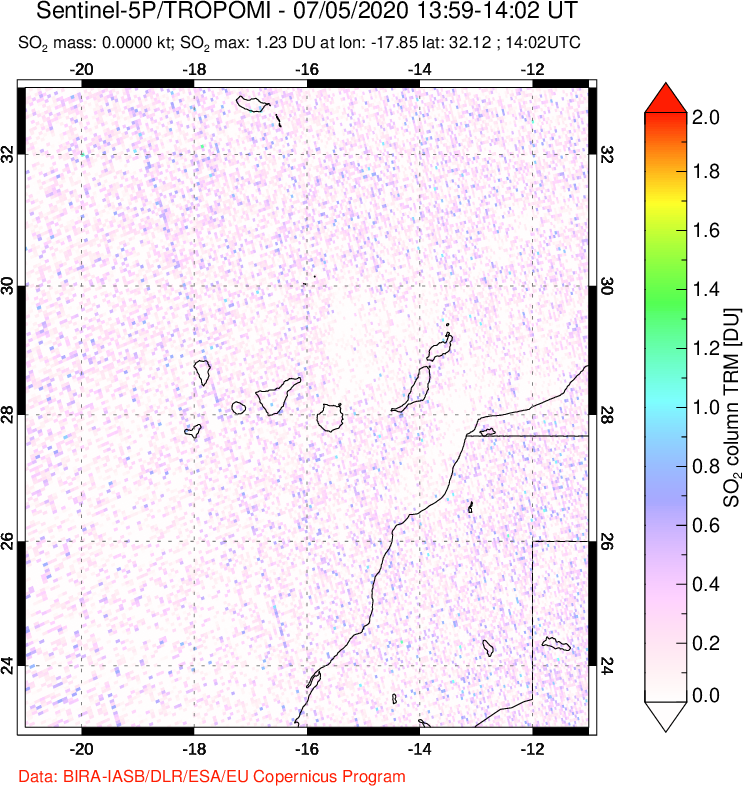 A sulfur dioxide image over Canary Islands on Jul 05, 2020.
