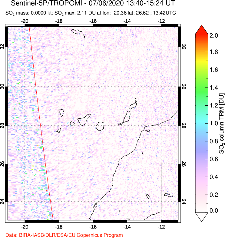 A sulfur dioxide image over Canary Islands on Jul 06, 2020.