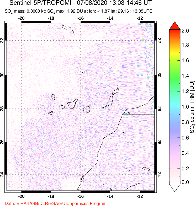 A sulfur dioxide image over Canary Islands on Jul 08, 2020.