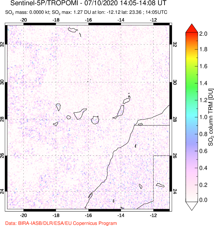 A sulfur dioxide image over Canary Islands on Jul 10, 2020.