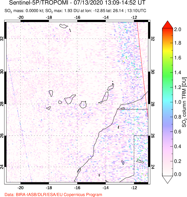 A sulfur dioxide image over Canary Islands on Jul 13, 2020.