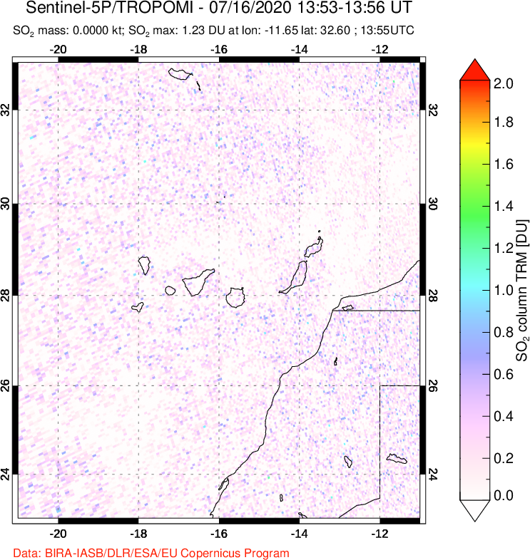 A sulfur dioxide image over Canary Islands on Jul 16, 2020.