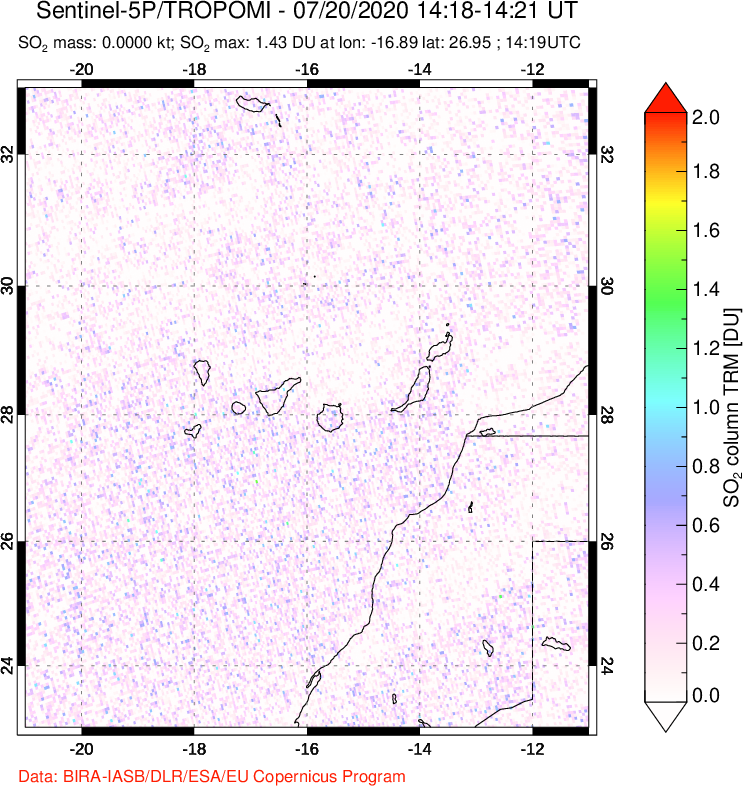 A sulfur dioxide image over Canary Islands on Jul 20, 2020.