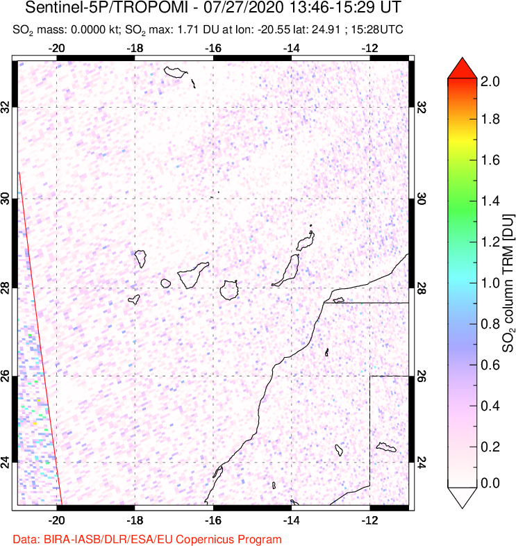 A sulfur dioxide image over Canary Islands on Jul 27, 2020.