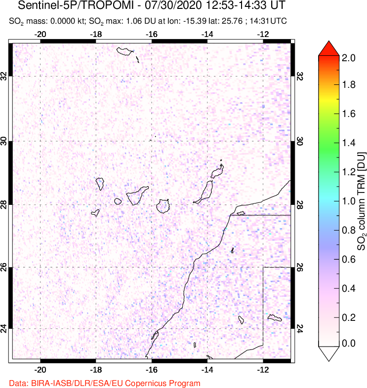A sulfur dioxide image over Canary Islands on Jul 30, 2020.