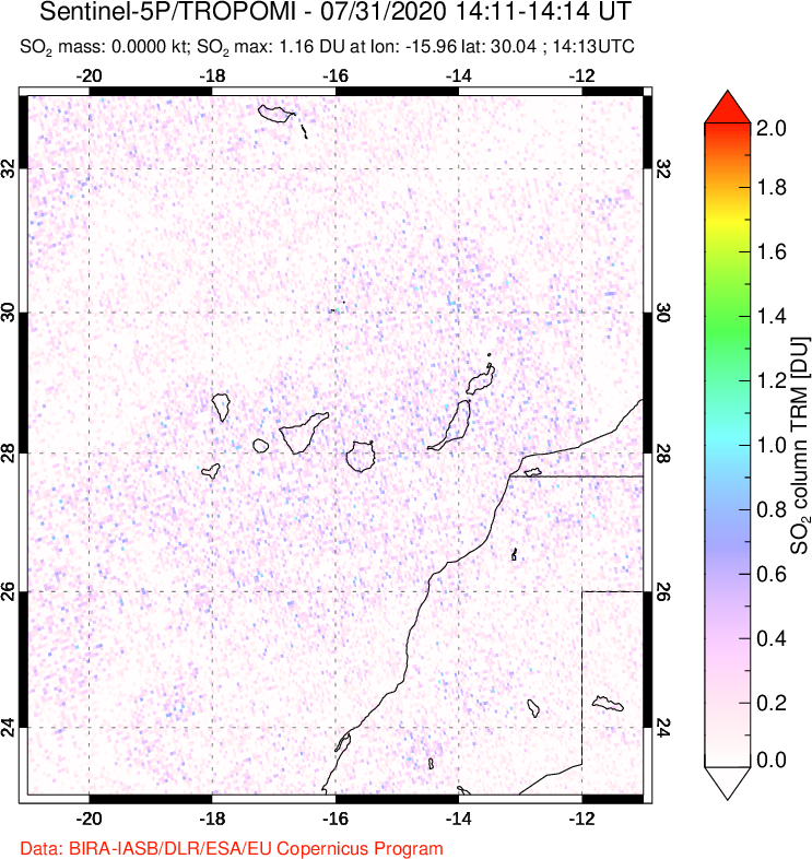 A sulfur dioxide image over Canary Islands on Jul 31, 2020.