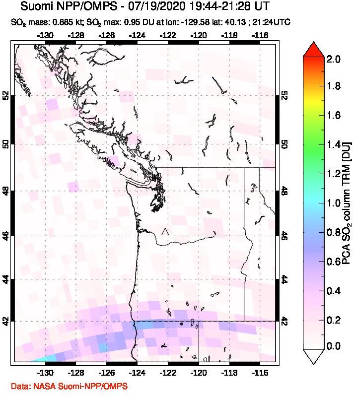 A sulfur dioxide image over Cascade Range, USA on Jul 19, 2020.